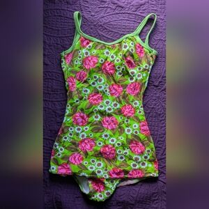 Vintage Floral Green and Pink Swimsuit